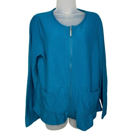 NWT Chico's Ruffle Hem Renee Cardigan Sweater Full Zip WOOL SZ 2 Teal Pockets - Picture 1 of 8